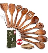 12 Pcs Wooden Cooking Utensils Set – Luxury Wooden Kitchen Utensils with Holder, Versatile Wooden...