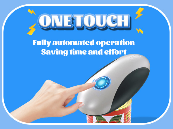 Text reads 'ONE TOUCH', 'Fully automated operation', 'Saving time and effort'. Blue panels showing product features with hand demonstrating touch operation.