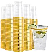 FOCUSLINE 200 Pack 12 oz Gold Rimmed Plastic Cups, Clear Plastic Cups Tumblers, Heavy-duty &amp; Fanc...
