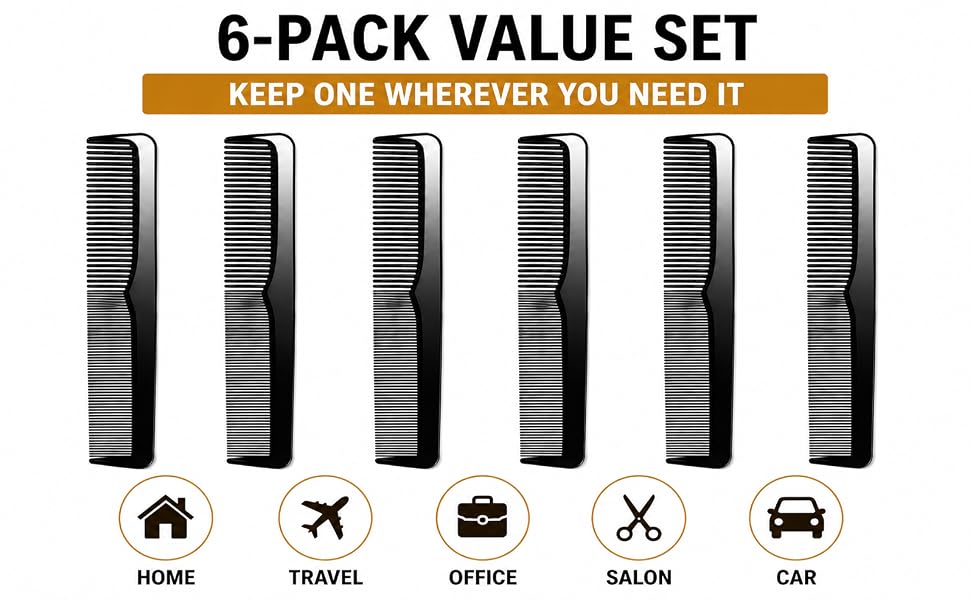 6 Pack Barber Comb Set, 9 Inch Professional Hair Combs for Men &amp; Women, Fine &amp; Wide Tooth 