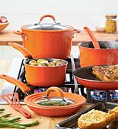Rachael Ray Cucina Nonstick Cookware Pots and Pans Set, 12 Piece, Pumpkin Orange