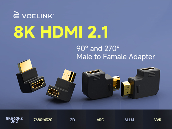 VCELINK 8K HDMI 2.1 Right Angle Adapter, 4 Pack Combo 2 Pcs 90 and 270 Degree &amp;amp; 2 Pcs Vertical