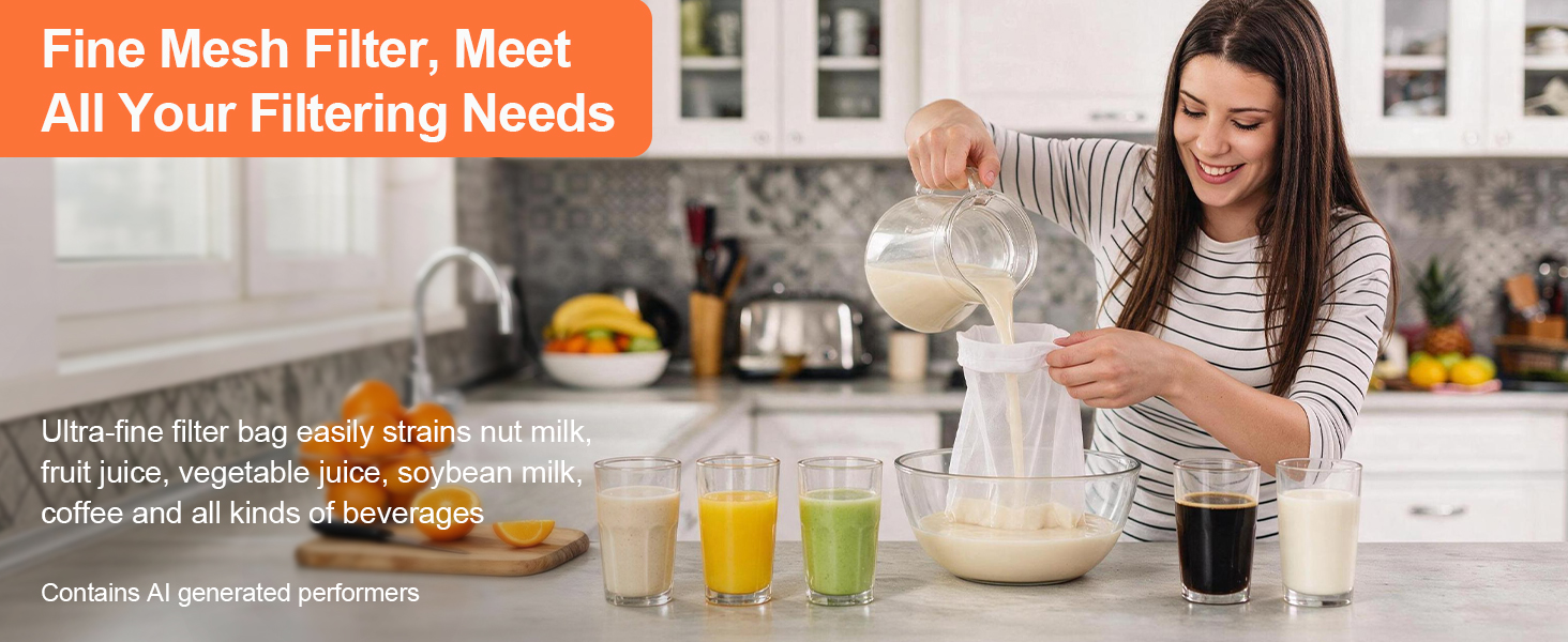 Easily filters nut milk, juice, vegetable juice, coffee, and more, with simple and fast operation.