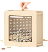 Summidate Wooden Money Saving Box, Clear Window Cash Vault Savings Box -10000 Challenge with Trac...
