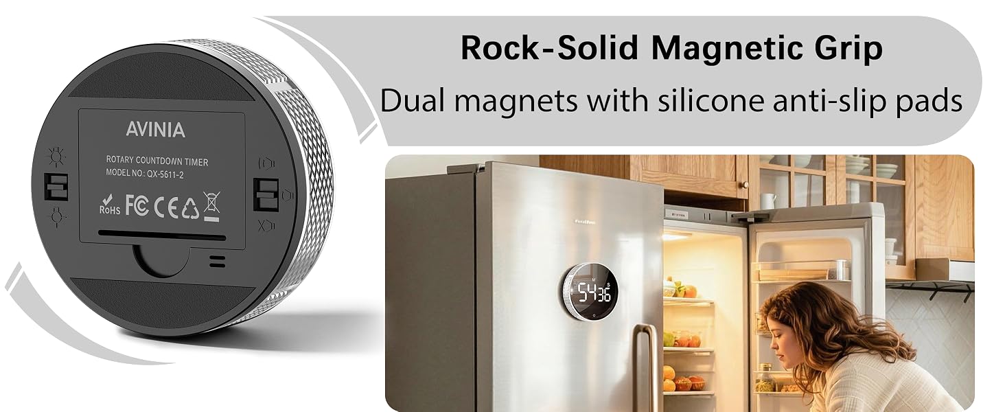 Strong Magnets&amp;amp;Silicone No-slip Pads.There are two powerful magnets built into the back of the timer
