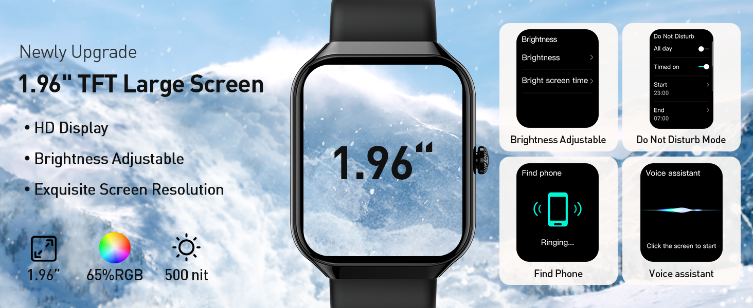 Smartwatch product display showing 1.96-inch TFT large screen interface, with multiple function screens and interface options visible.