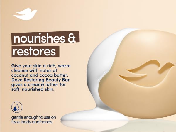 Dove Cleansing bar with white cream dripping off it, against a light brown background with text.