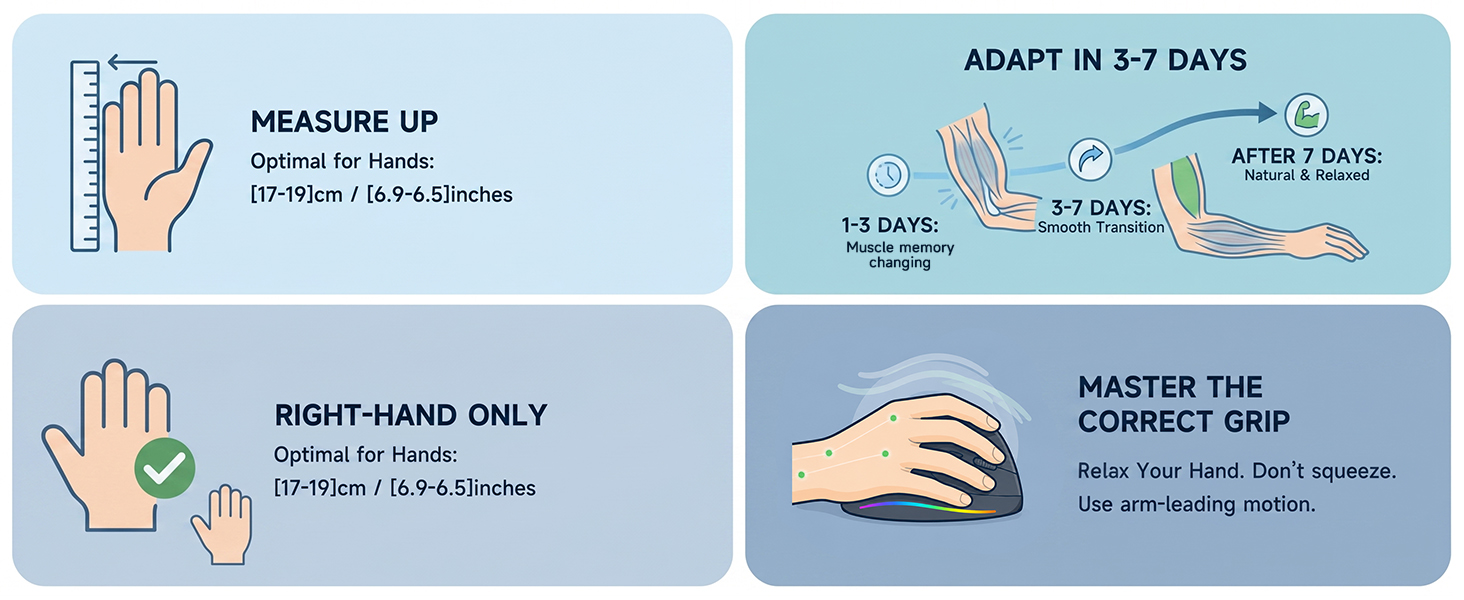 Right hand ergonomic mouse measuring guide with 3-7 days adjustment period