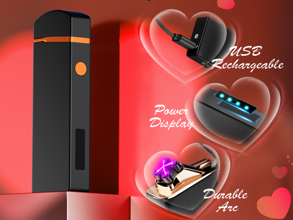 Black rectangular electronic device featuring USB charging capability, power level display, and arc ignition feature, shown against red background with heart graphics.