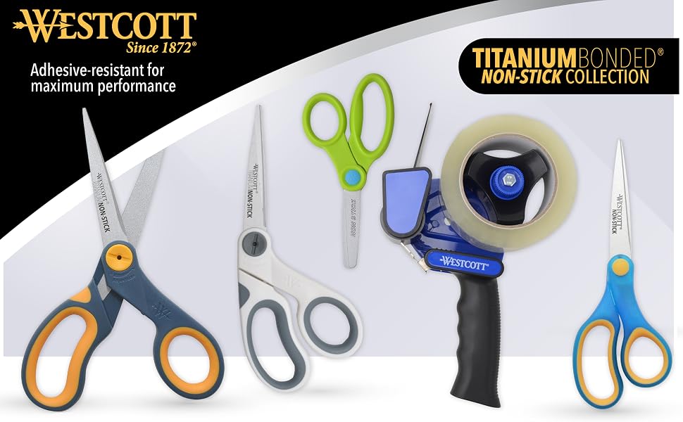 Image of office scissors and tape roller with text reading westcott.