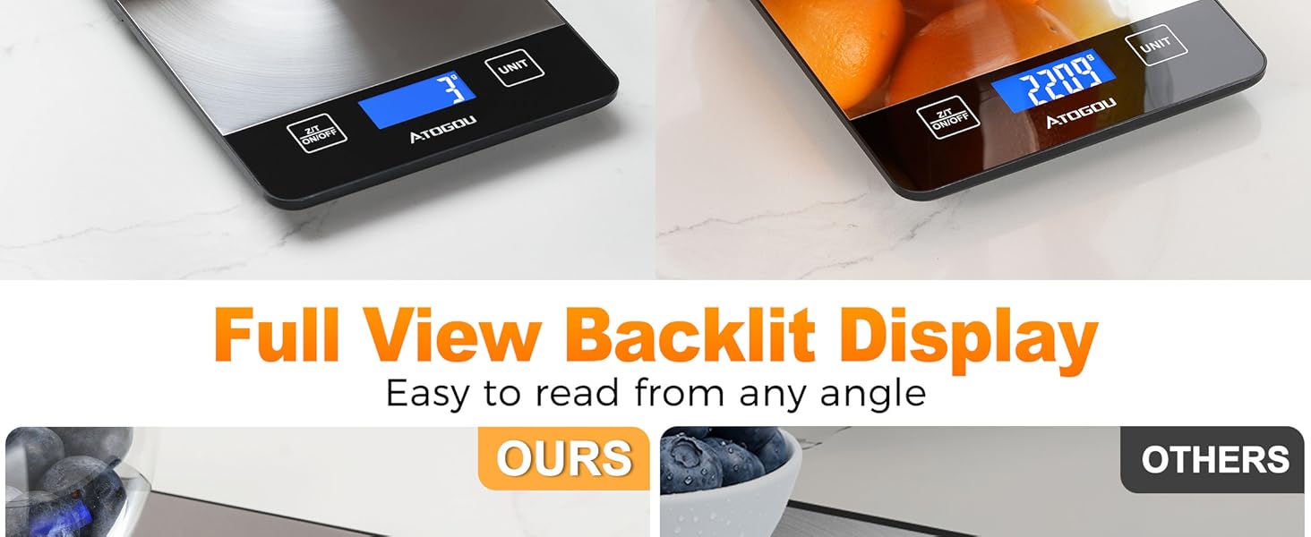 Atogou Food Scale, 33lb/15kg Rechargeable Kitchen Scale with Full-View Backlit LCD Display