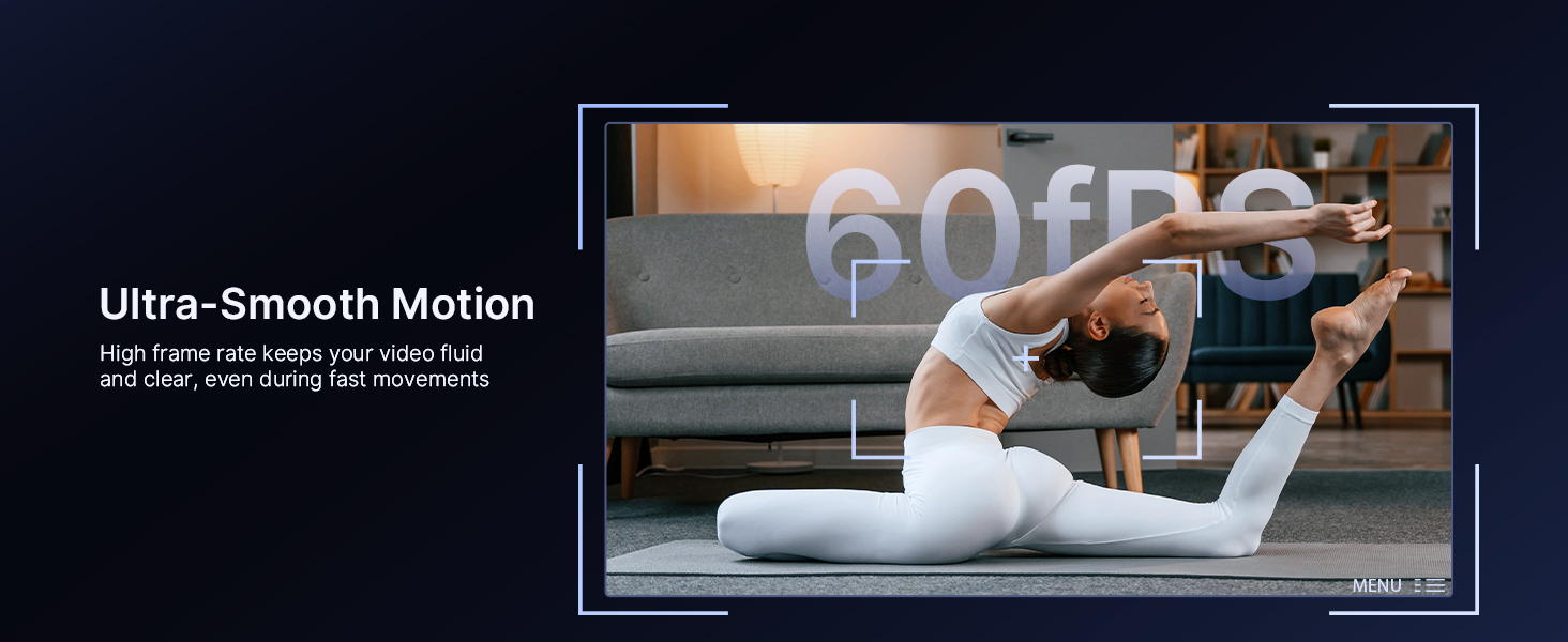 A woman is live streaming her yoga session using a 60fps webcam.