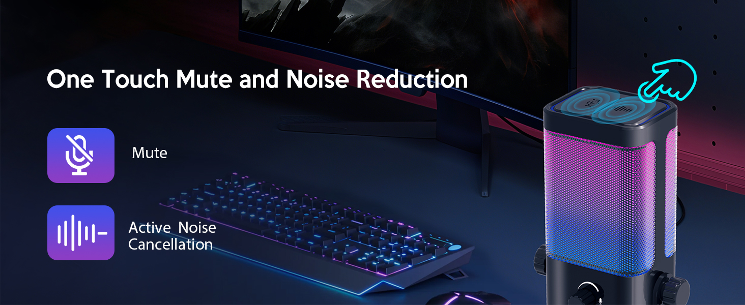 Text reads 'One Touch Mute and Noise Reduction.' Screenshot of computer interface showing audio controls and settings with purple and blue lighting effects.