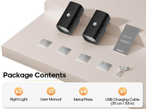 what's in box? night light*2, user manual, metal plate*4, charging cable*1