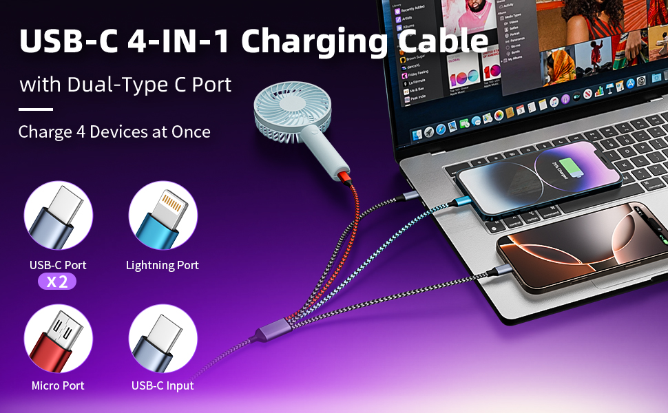 Travel Essentials, USB-C 4 IN 1 Charging Cable With Dual-Type C Port