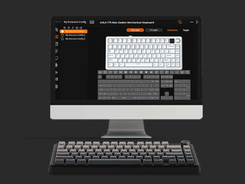 Computer monitor displaying keyboard customization software, with a compact mechanical keyboard in front. Software shows white and dark keyboard layouts for customization.