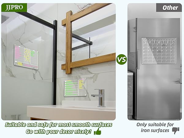 It can stick to any smooth surfaces such as glass, cabinet, ceramics wall or anywhere is easy to see