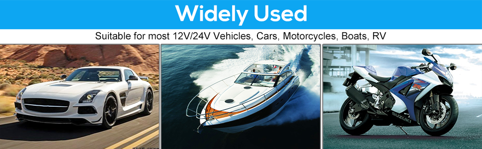 Vehicle compatibility display showing luxury sports car, speedboat, and motorcycle representing 12V/24V vehicle applications.