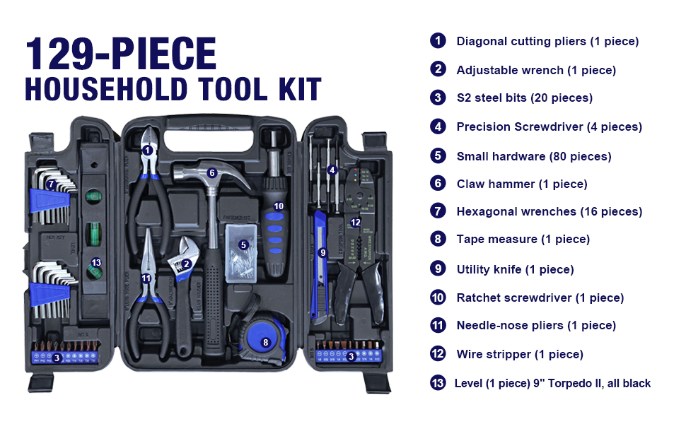 129 Piece Mechanic Tool Set,General Household Hand Kit with Plastic Storage Case