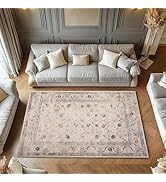 Mightree 5x7 Beige Area Rug, Machine Washable Boho Vintage Distressed Rug, Soft Faux Wool, Non-Sl...