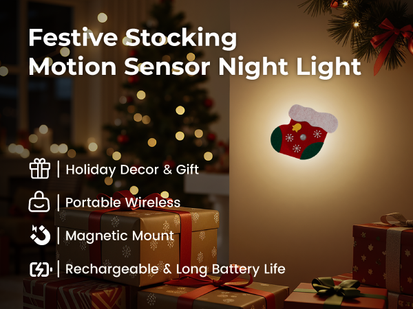 Festive Stocking Motion Sensor Night Light, Felt Rechargeable Cordless LED Decorative Lamp
