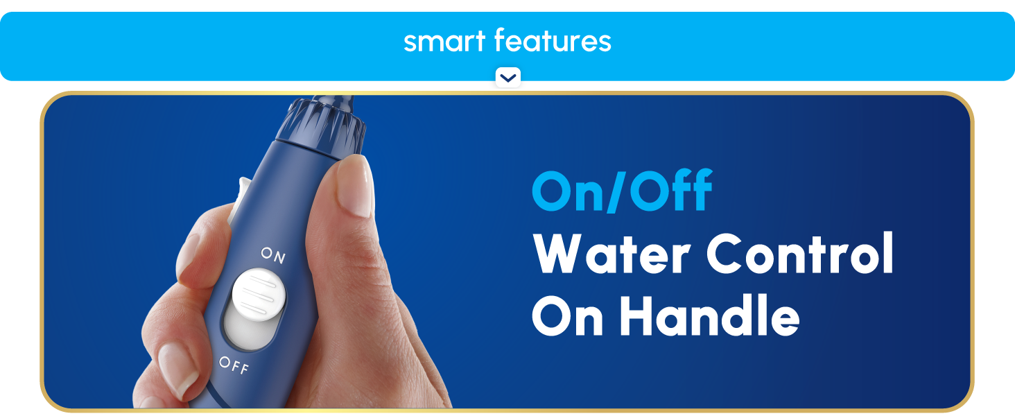 Image of Waterpik flosser with text reading on off water control on handle.