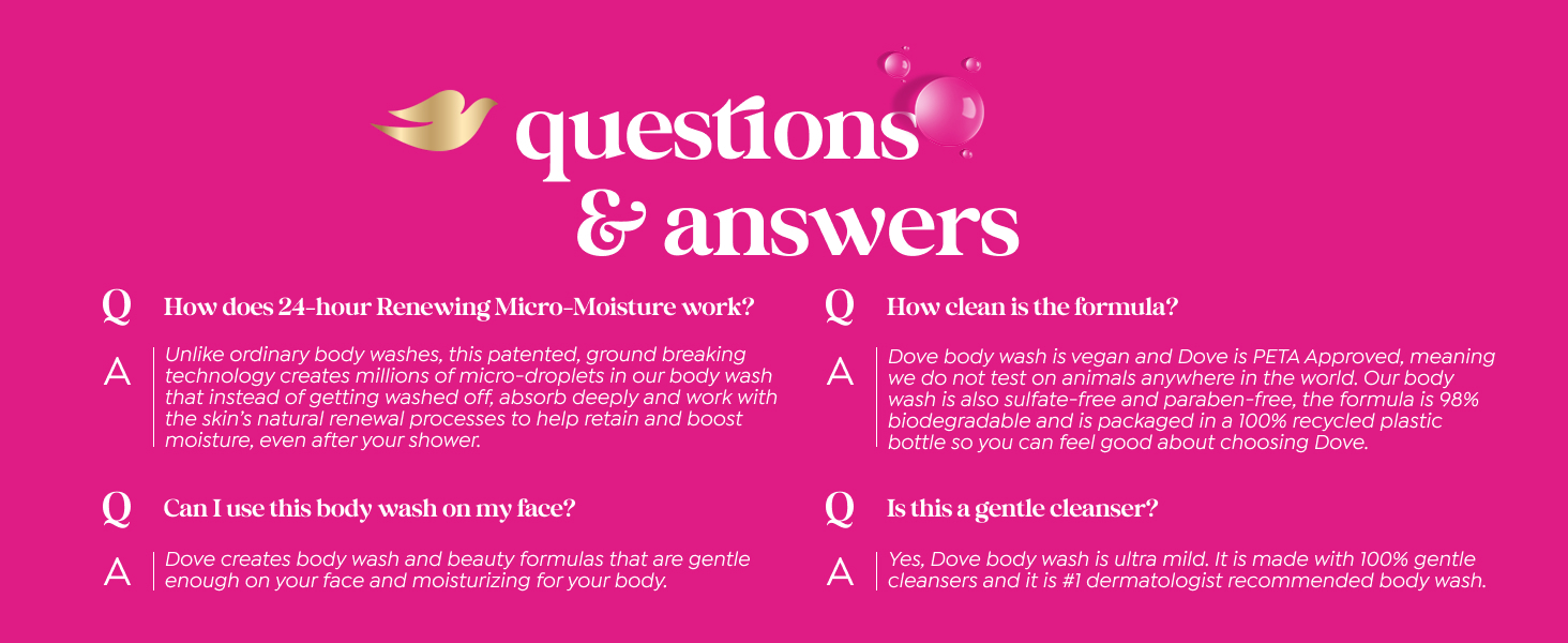 Q&amp;amp;A section on a fuchsia background with a golden dove emblem &amp;amp; soft bubbles.