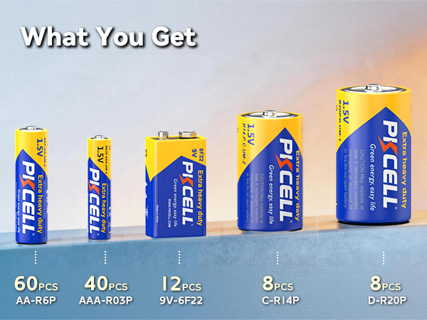 This family pack contains 60 AA battery 40 AAA batteries 8 C batteries 8 D batteries 12 9V batteries