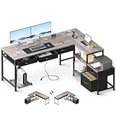 AODK L Shaped Computer Desk with Fabric Drawers and File Cabinet, 61" Reversible Home Office Work...