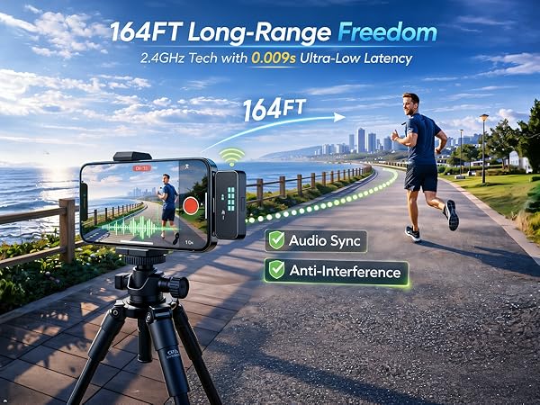 164ft Range Wireless Mic iPhone 15 Fitness Vlog Stable Audio Outdoor Running
