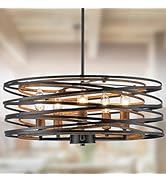 Bargeni Chandelier,20 Inch Dining Room Light Fixture,Matte Black Dining Room Chandelier with Wood...