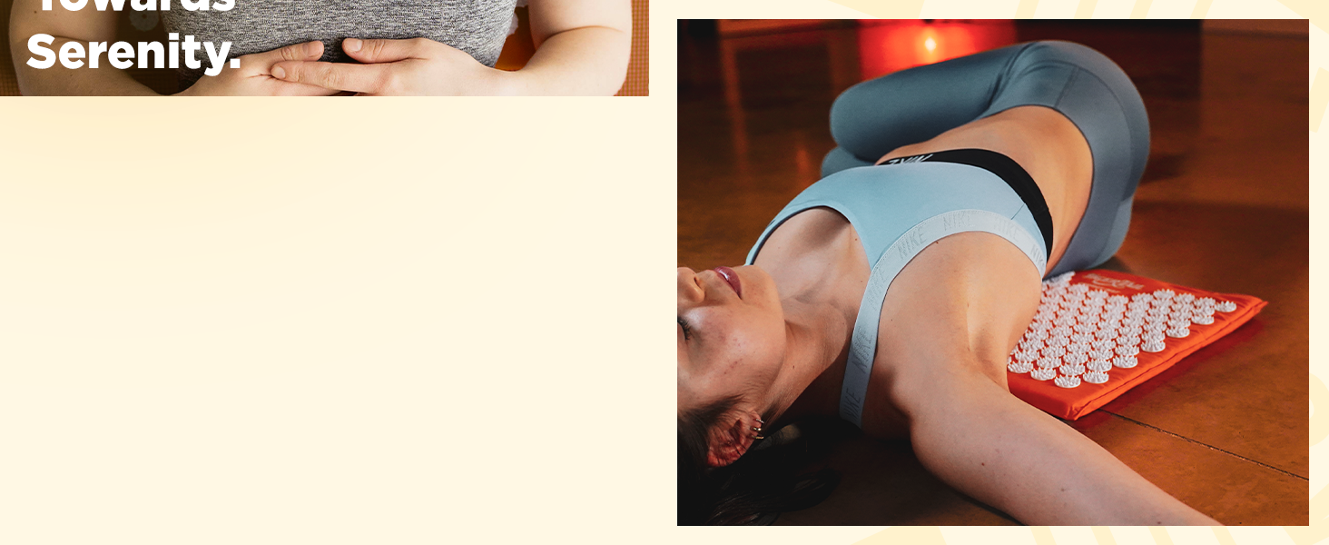 women stretching on acupressure mat lying down with legs folded to side to stretch hips serenity