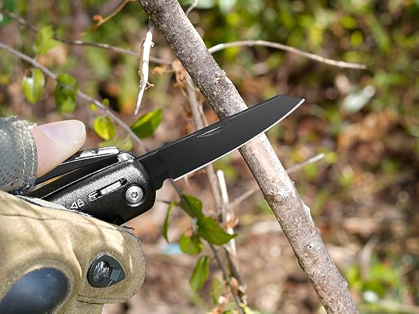 Hand holding pruning shears, cutting small tree branch. Gloved hand visible against blurred outdoor background.