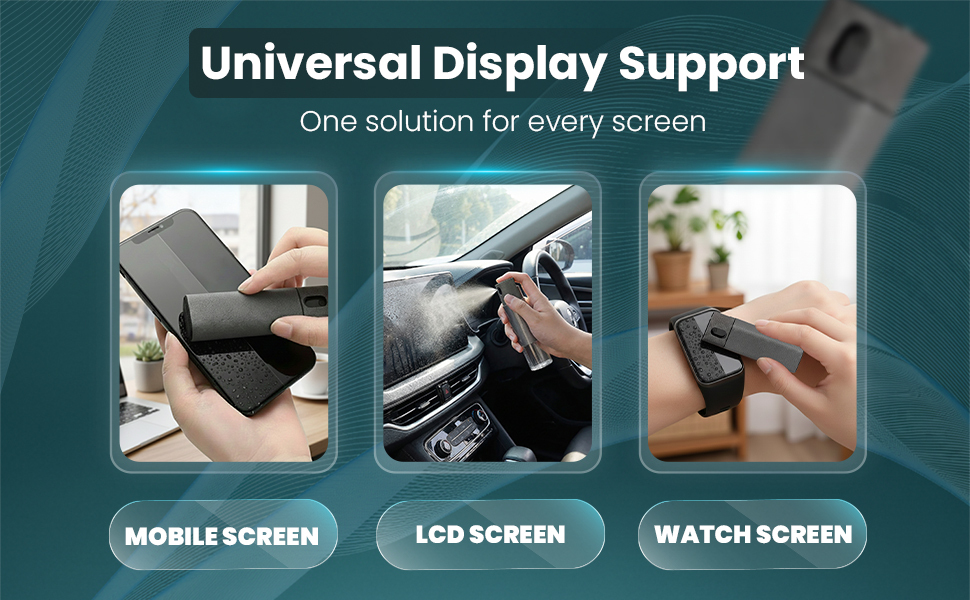 Universal screen cleaner for mobile phones, car LCD displays, and smartwatches