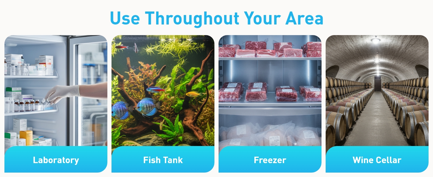 Text reads 'Use Throughout Your Area'. Multiple commercial refrigeration images showing Laboratory, Fish Tank, Freezer, and Wine Cellar applications.