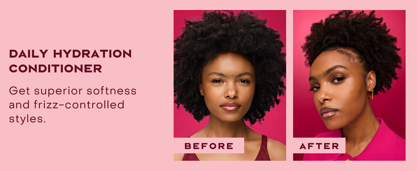 Two images of the same woman comparing her hair before and after applying our conditioner.