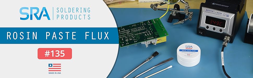 rosin, flux, 135, paste, sra, solder, soldering, circuit, board, pcb, aoyue, wire, brush