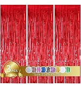 TONIFUL 3Pcs Red Streamers,Red Photo Booth Backdrop Metallic Streamers Red Foil Fringe Curtain fo...