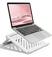 KYQEE White Laptop Stand for Desk – Adjustable Foldable &amp; Portable Laptop Riser with Silicone Ant...