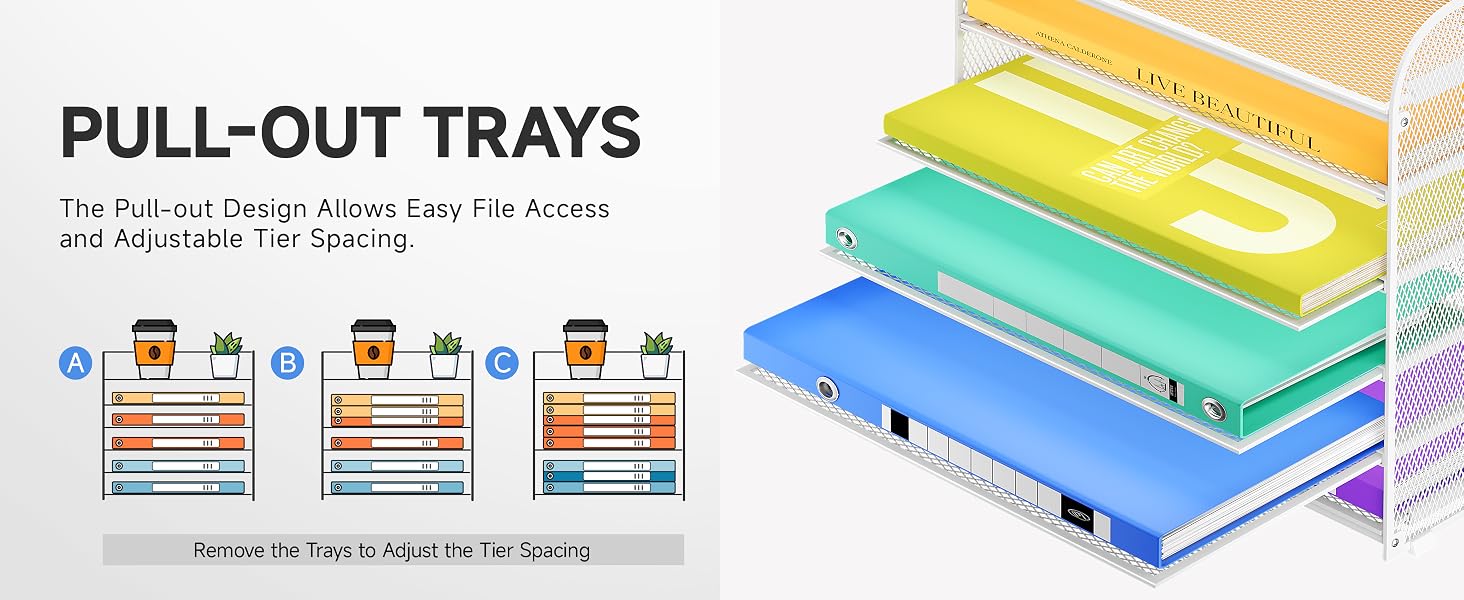 This white desktop organizer features sliding trays so that you can customize the spacing.