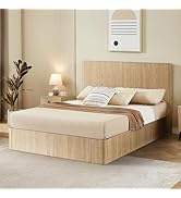 Evermagin Natural Queen Lift Up Storage Bed Frame, Mid Century Modern Fluted Bed Frame, Wood Hydr...