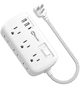Short Extension Cord 1 ft - Flat Plug Small Power Strip Surge Protetor with 6 Outlets 3 USB (5V/3...
