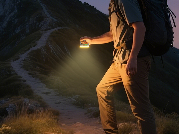 Person using a handheld light while hiking on a dark mountain trail, wearing cargo pants and carrying a backpack. Warm light illuminates the path ahead.