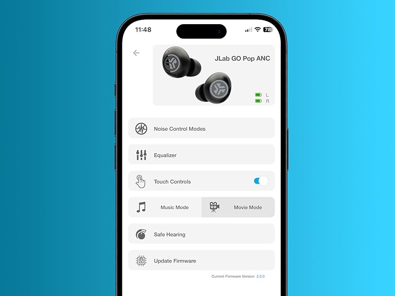 JLab app with go pop anc settings displayed on screen
