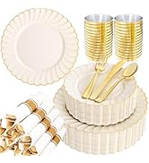 YOUBET 350PCS Ivory Scalloped Plastic Plates - Ivory and Gold Disposable Dinnerware Set Include 1...
