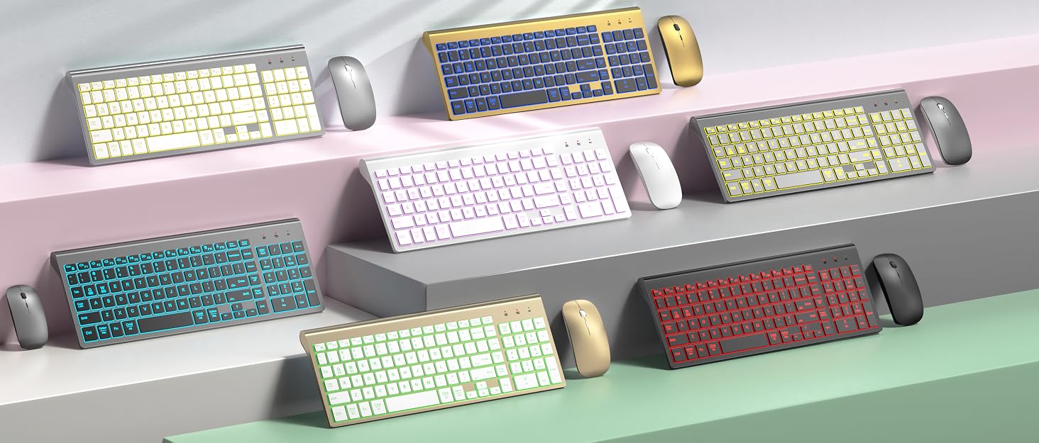 Wireless Backlit Keyboard and Mouse Ultra Slim Combo, TopMate - Gold Black