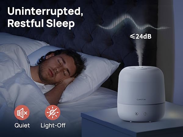 Operating at ultra-low 24 db, and light-off design, allowing all-night undisturbed, restful sleep