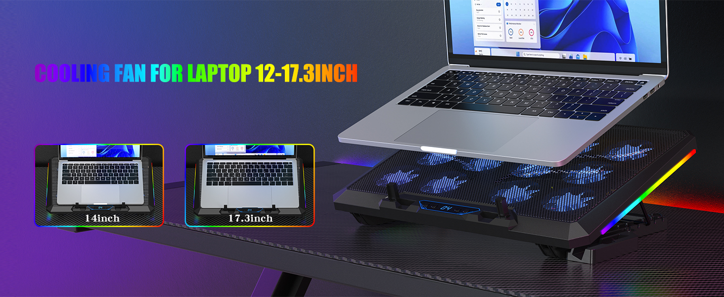 Text reads 'COOLING FAN FOR LAPTOP 12-17.3INCH'. Product image shows laptop cooling pad with blue LED fans beneath a laptop.