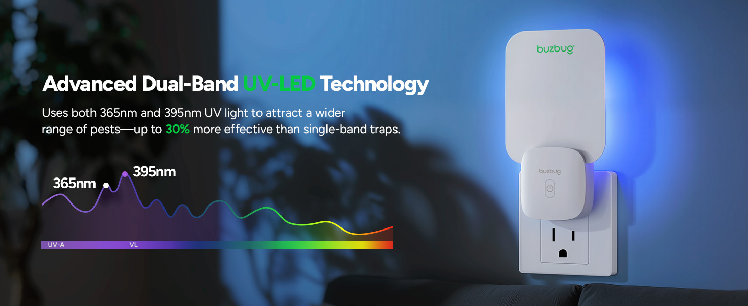 Dual-Band UV-LED Attraction: The Buzbug indoor fly trap uses 365nm and 395nm dual-band UV light