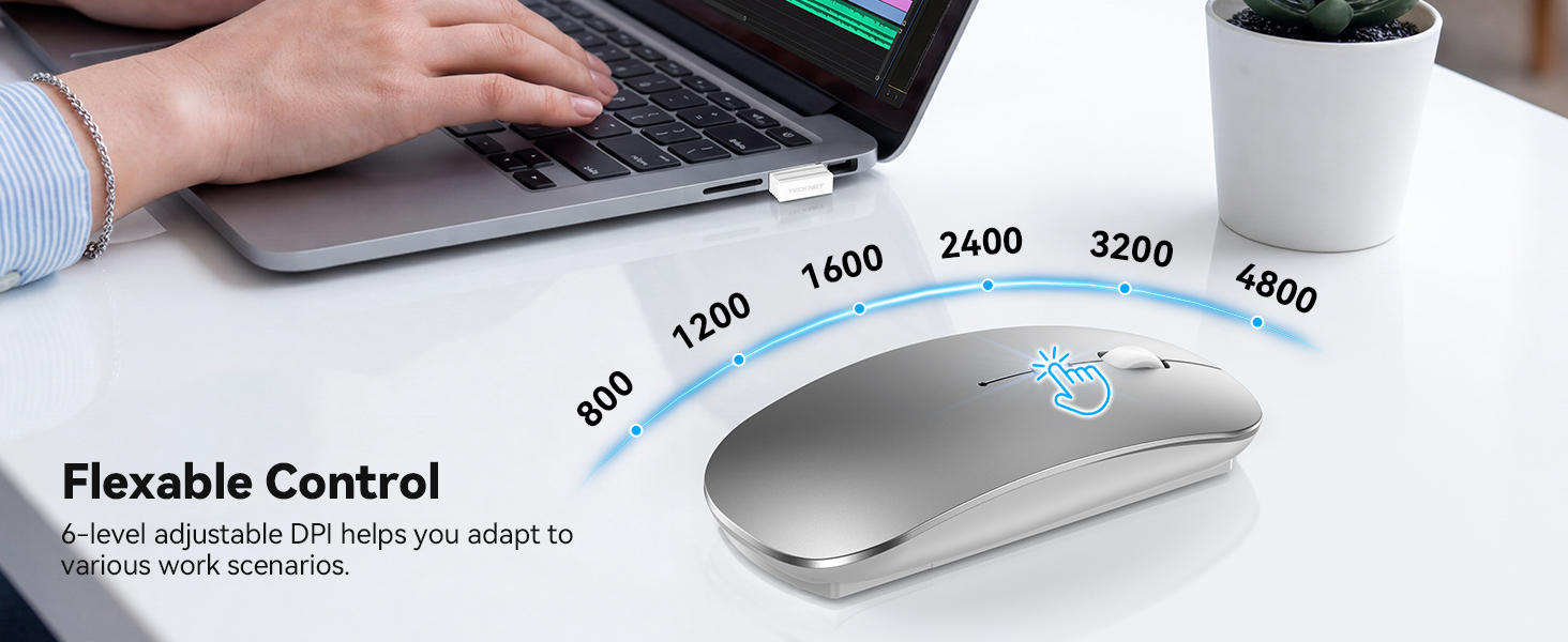 Text reads 'Flexible Control'. Wireless mouse with adjustable DPI settings (800, 1200, 1600, 2400, 3200 shown on scale bar). Silver ergonomic design displayed with sensitivity adjustment feature.